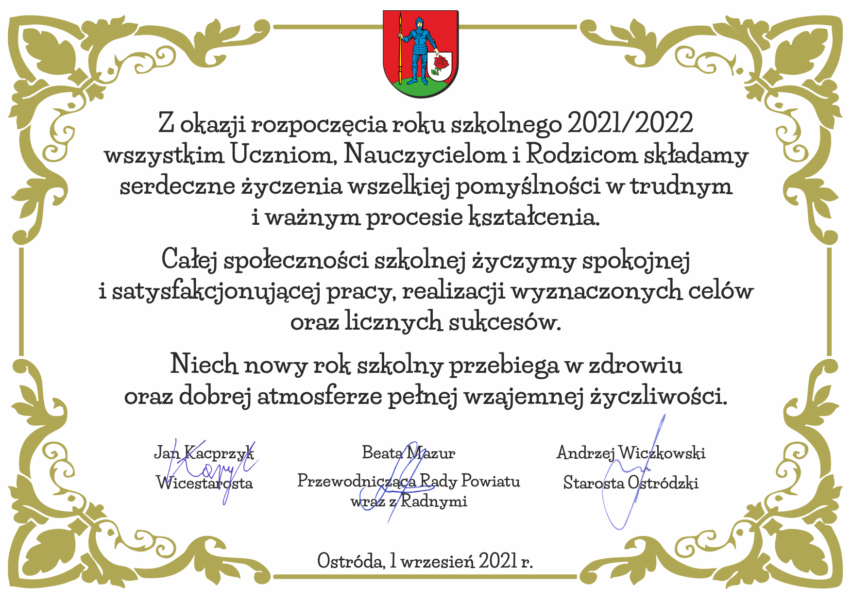 Życzenia z okazji rozpoczęcia roku szkolnego 2021/2022